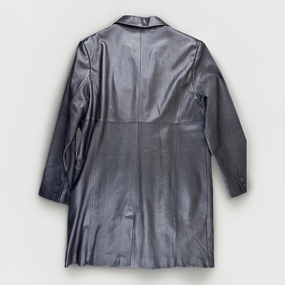 Vintage Jones Wear Sport Black Leather Button Front Long Coat L Classic 90s Y2K - Picture 9 of 12